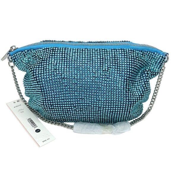 Aqua Crystal Glass Mesh Beaded Shoulder Bag Clutch Purse in Blue New